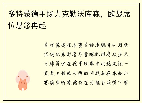 多特蒙德主场力克勒沃库森，欧战席位悬念再起